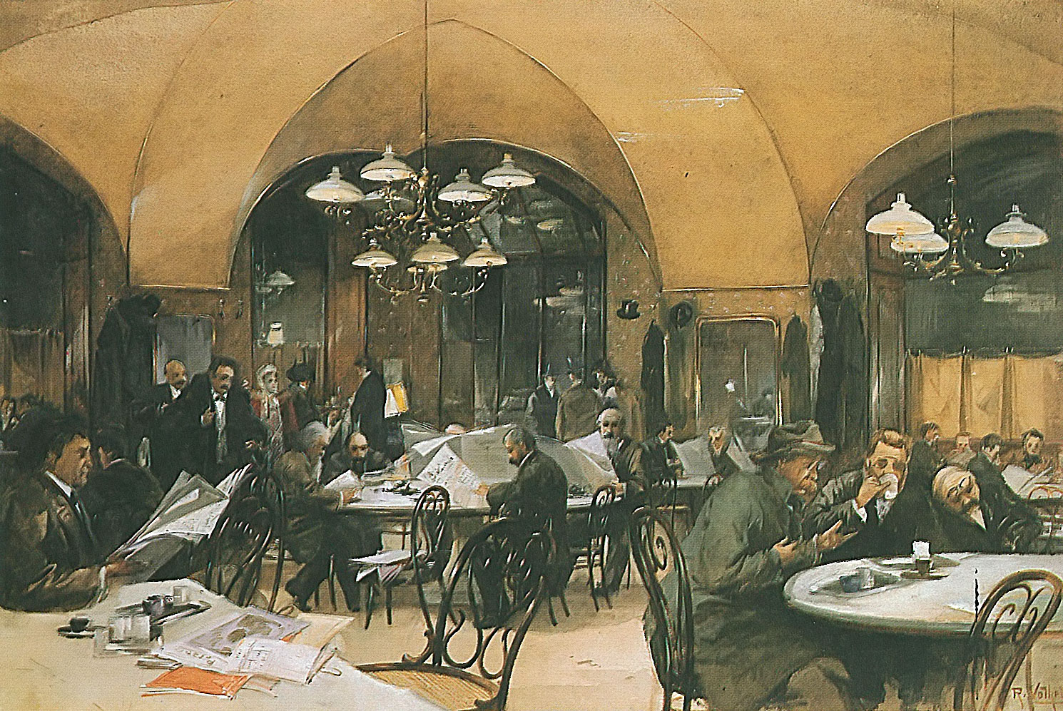 Café Griensteidl, Vienna, 1896 — patrons reading newspapers under vaulted ceilings.