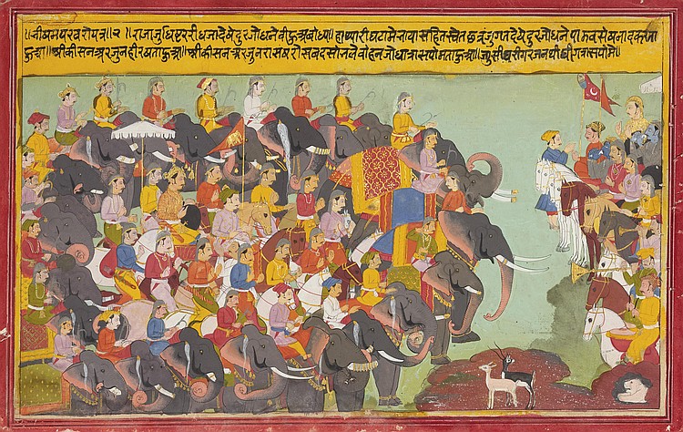 The Pandava and Kaurava armies face each other at Kurukshetra, c. 1700