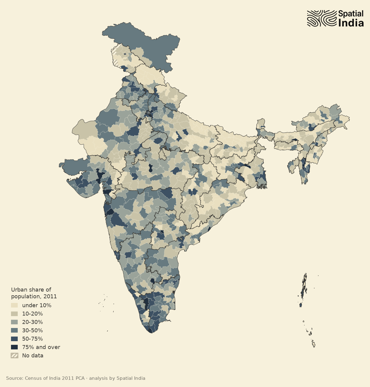 Map of India by district: share of people counted as urban, 2011