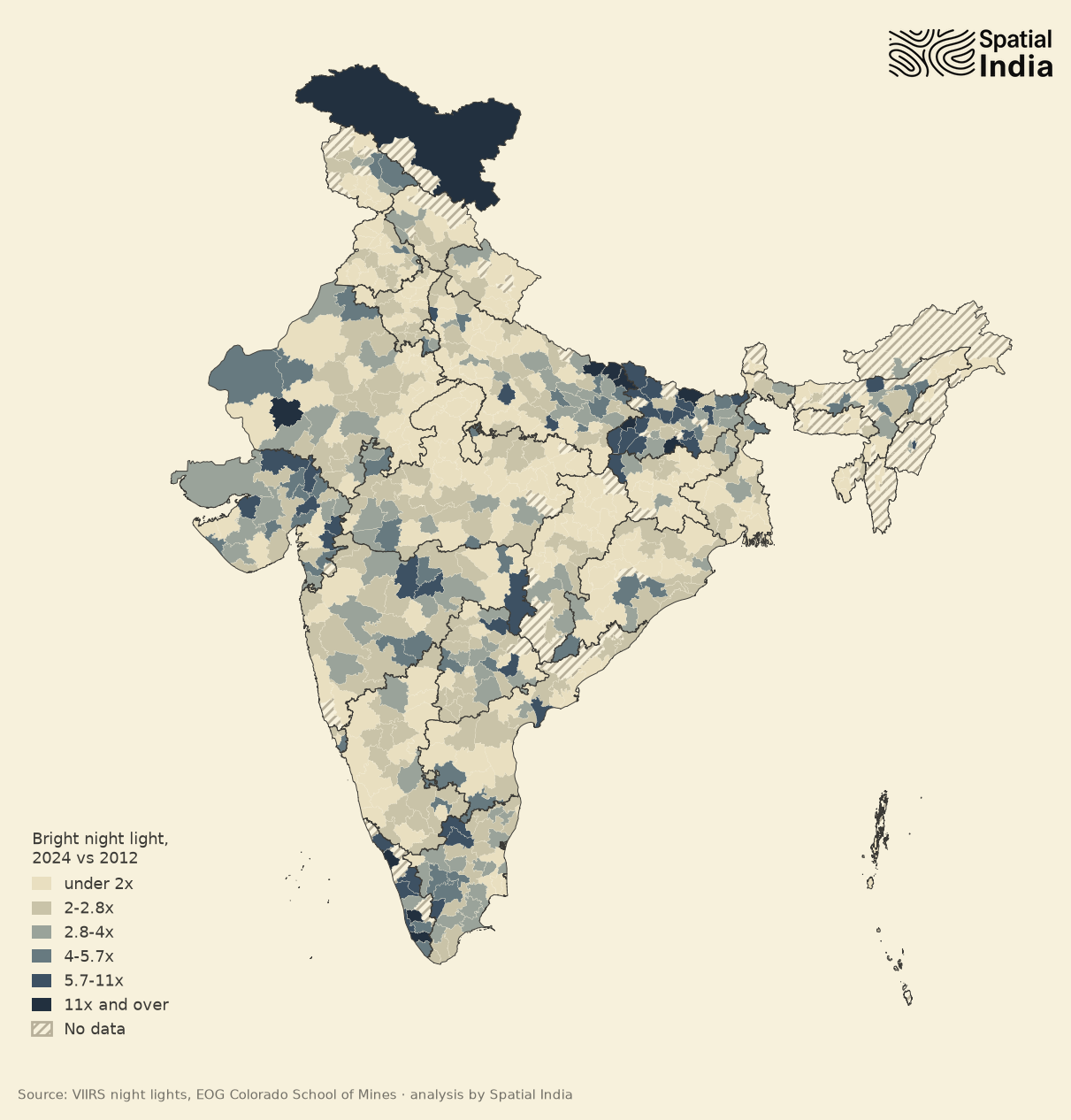 Map of bright night light by district, 2024 against 2012