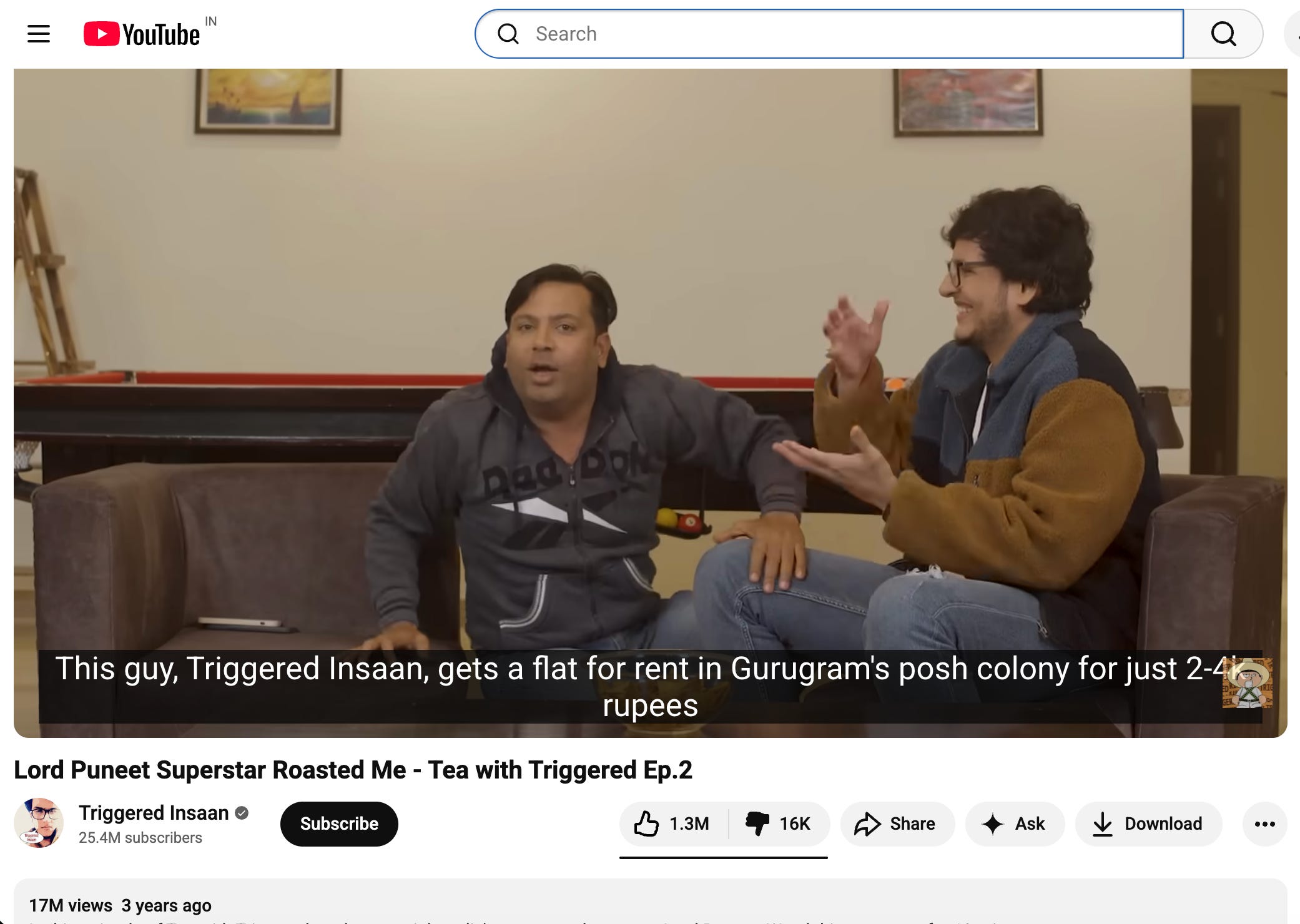 Puneet Superstar on Triggered Insan's YT channel (17 million ironical views)